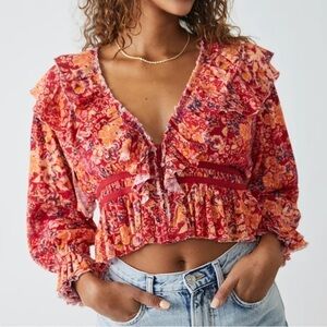 Free People Red Rudi Ruffle Long sleeves Bohemian top size Small